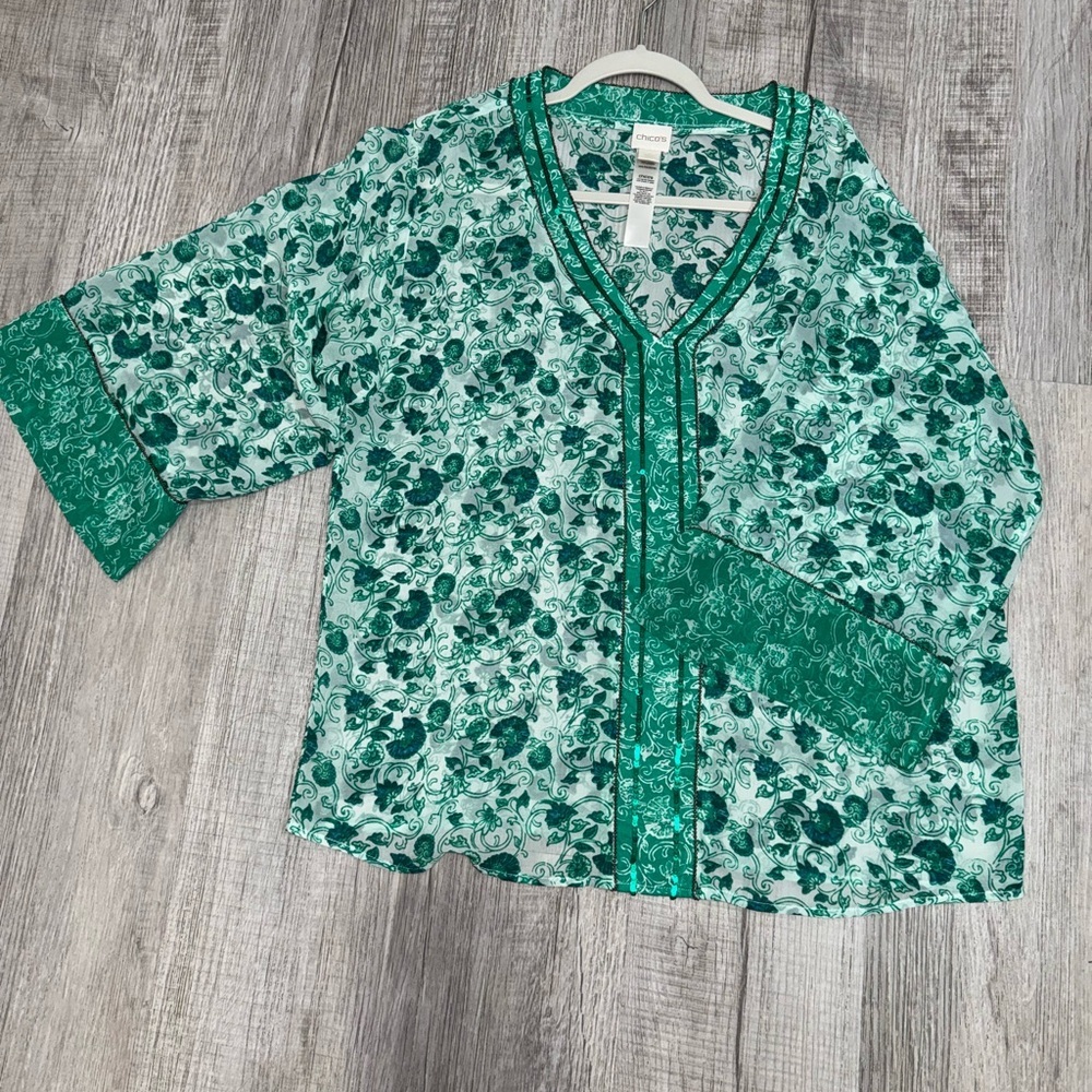 CHICO’S Size 1 Congo Floral Tunic Pullover Semi Sheer Top Green/ White Beaded - Picture 12 of 12